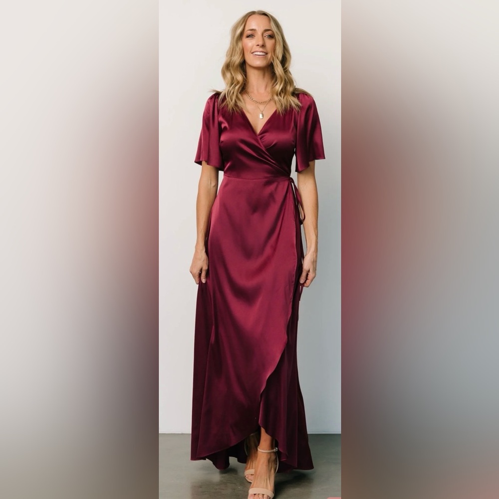 Balticborn burgundy Satin Wrap Maxi spring wedding guest dress - Picture 2 of 4